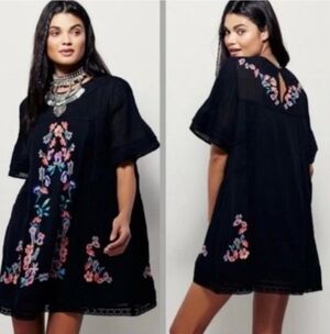 Free People Peefectly Victorian Embroidered Mini Dress Black Colorway Size M
